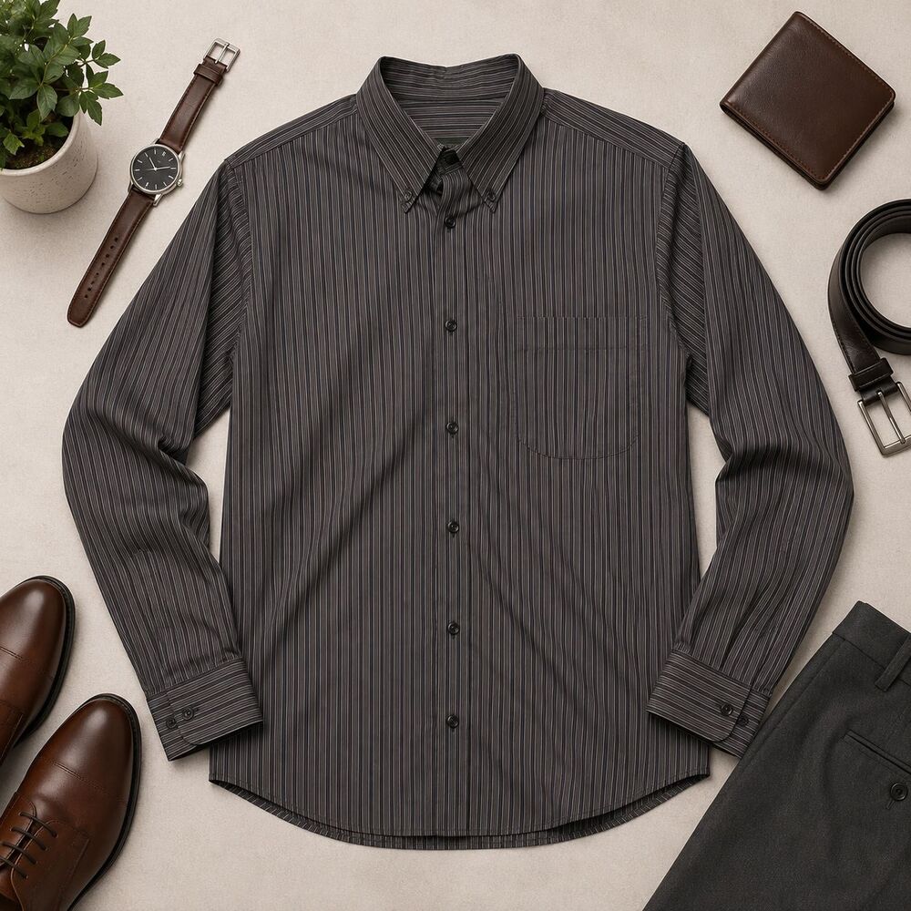 Eddie Bauer L Gray Striped Button Down Shirt 100% Cotton